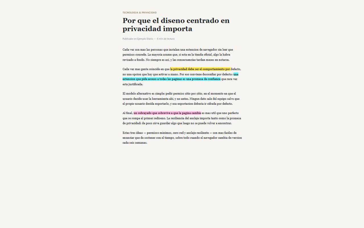 Texto subrayado en tres colores sobre una página de ejemplo, generado por FluoWeb