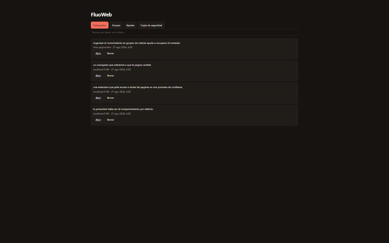 Página de ajustes de FluoWeb con lista de subrayados guardados y pestañas Grupos, Ajustes, Copia de seguridad