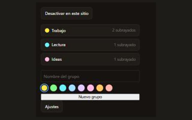 Panel emergente de FluoWeb mostrando grupos de subrayado por color